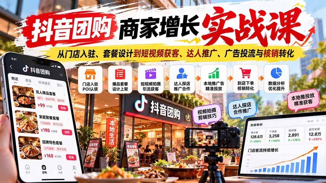 抖音团购商家增长实战课：从门店入驻、套餐设计到短视频获客、达人推广、广告投流与核销转化-鑫梵淘