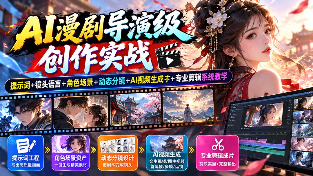 AI漫剧导演级创作实战：提示词+镜头语言+角色场景+动态分镜+AI视频生成+专业剪辑系统教学-鑫梵淘