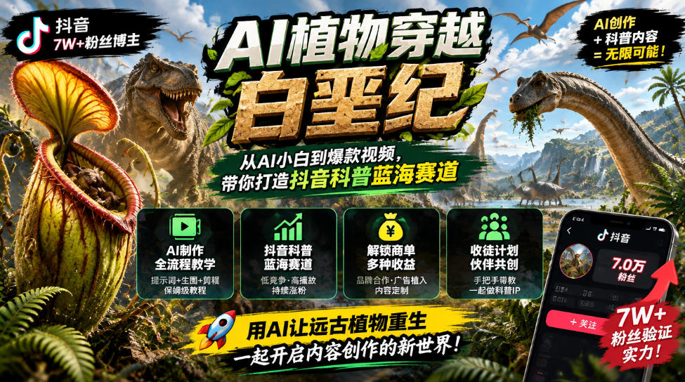 抖音7W粉丝博主的AI植物穿越白垩纪教学，抖音科普蓝海赛道，解锁商单收徒伙伴计划等多种收益-鑫梵淘