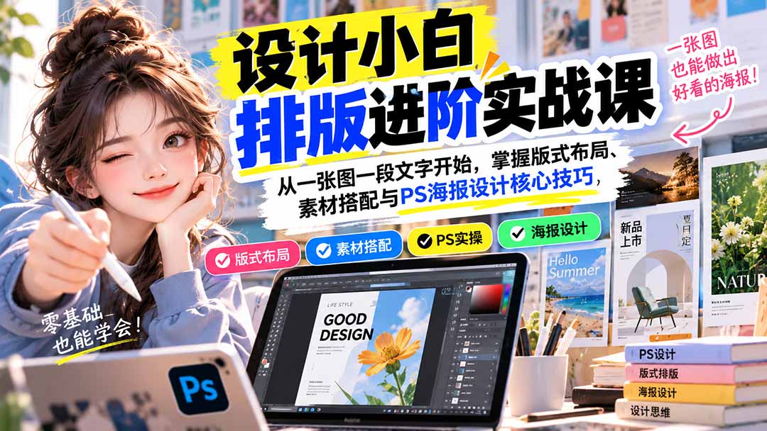 设计小白排版进阶实战课：从一张图一段文字开始，掌握版式布局、素材搭配与PS海报设计核心技巧-鑫梵淘