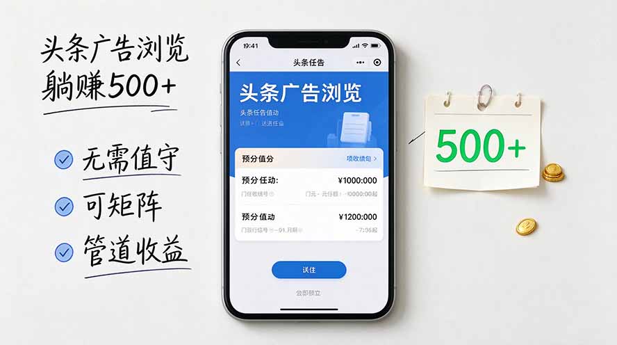 头条广告浏览躺赚500+无需值守，可矩阵并附有管道收益-鑫梵淘