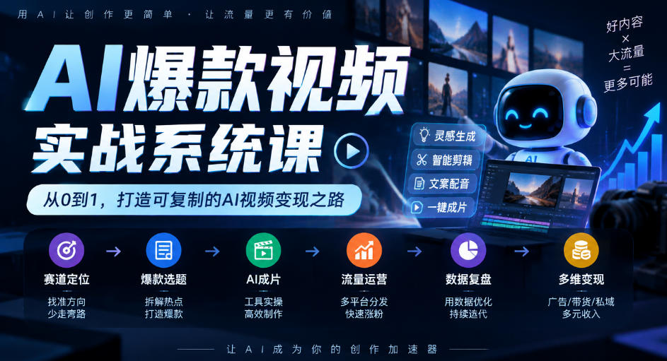 AI爆款视频实战系统课｜赛道定位、爆款选题、AI成片、流量运营、数据复盘、多维变现全链路教学-鑫梵淘