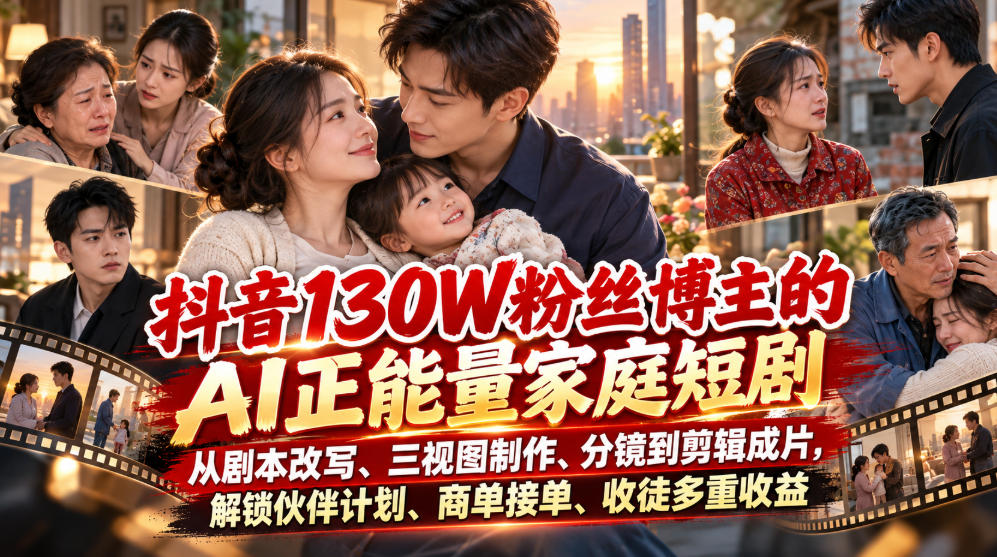 抖音130W粉丝博主的AI正能量家庭短剧，从剧本改写、三视图制作、分镜到剪辑成片，解锁伙伴计划、商单接单、收徒多重收益(更新1007)-鑫梵淘