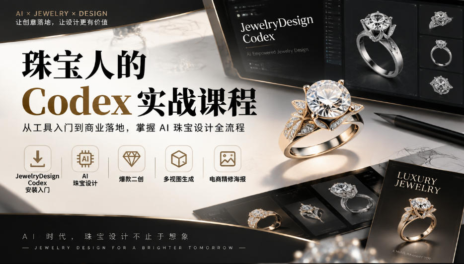 珠宝人的Codex实战课程｜JewelryDesign Codex安装入门、AI珠宝设计、爆款二创、多视图生成、电商精修海报全链路教学-鑫梵淘