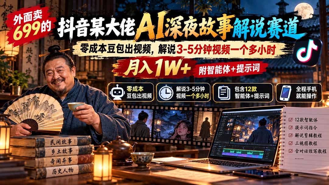 外面卖699抖音某大佬AI深夜故事解说赛道-更新：0成本豆包出视频+解说3-5分钟视频一个多小时，月入1W+附智能体+提示词-鑫梵淘