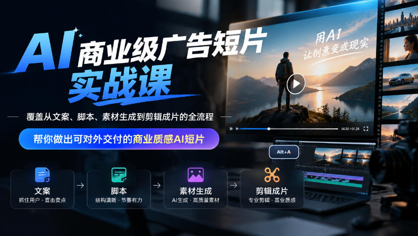 AI商业级广告短片实战课，覆盖从文案、脚本、素材生成到剪辑成片的全流程，帮你做出可对外交付的商业质感AI短片-鑫梵淘