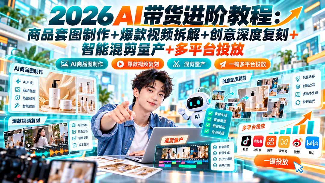 2026AI带货进阶教程：商品套图制作+爆款视频拆解+创意深度复刻+智能混剪量产+多平台投放-鑫梵淘