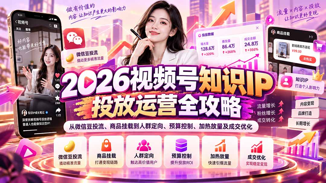 2026视频号知识IP投放运营全攻略：从微信豆投流、商品挂载到人群定向、预算控制、加热放量及成交优化-鑫梵淘