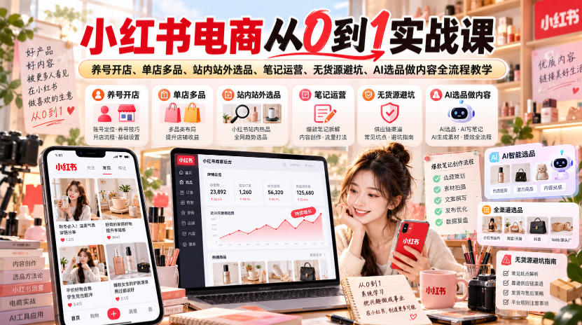 小红书电商从0到1实战课｜养号开店、单店多品、站内站外选品、笔记运营、无货源避坑、AI选品做内容全流程教学-鑫梵淘