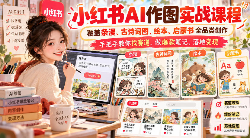 小红书AI作图实战课程,覆盖条漫、古诗词图、绘本、启蒙书全品类创作,手把手教你找赛道、做爆款笔记、落地变现(更新1009)