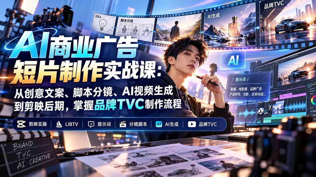 AI商业广告短片制作实战课：从创意文案、脚本分镜、AI视频生成到剪映后期，掌握品牌TVC制作流程-鑫梵淘