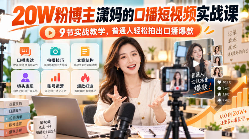 20W粉博主潇妈的口播短视频实战课，9节实战教学，普通人轻松拍出口播爆款-鑫梵淘