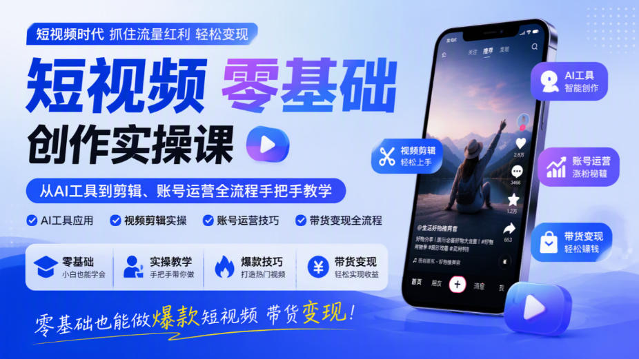 短视频零基础创作实操课，从AI工具到剪辑、账号运营全流程手把手教学，零基础也能做爆款短视频带货变现-鑫梵淘