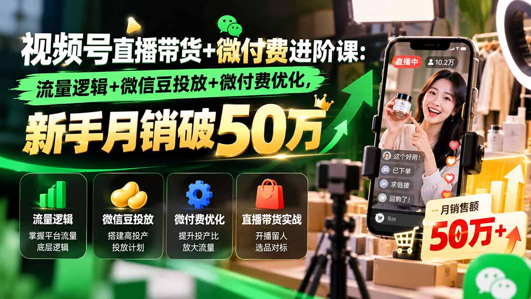 视频号直播带货+微付费进阶课-更新1010：流量逻辑+微信豆投放+微付费优化，新手月销破50万-鑫梵淘
