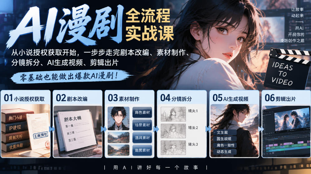 AI漫剧全流程实战课｜从小说授权获取开始，一步步走完剧本改编、素材制作、分镜拆分、AI生成视频、剪辑出片全流程-鑫梵淘