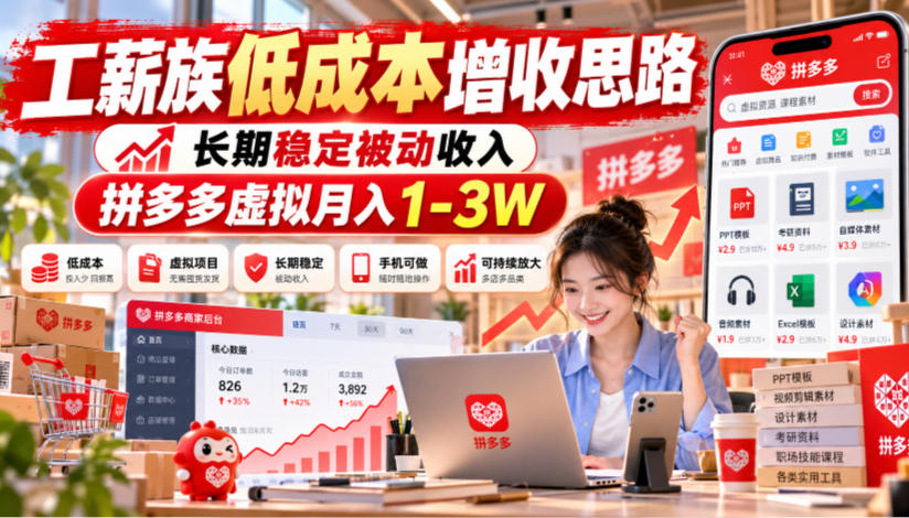 工薪族低成本增收思路，长期稳定被动收入，拼多多虚拟月入1-3W-鑫梵淘