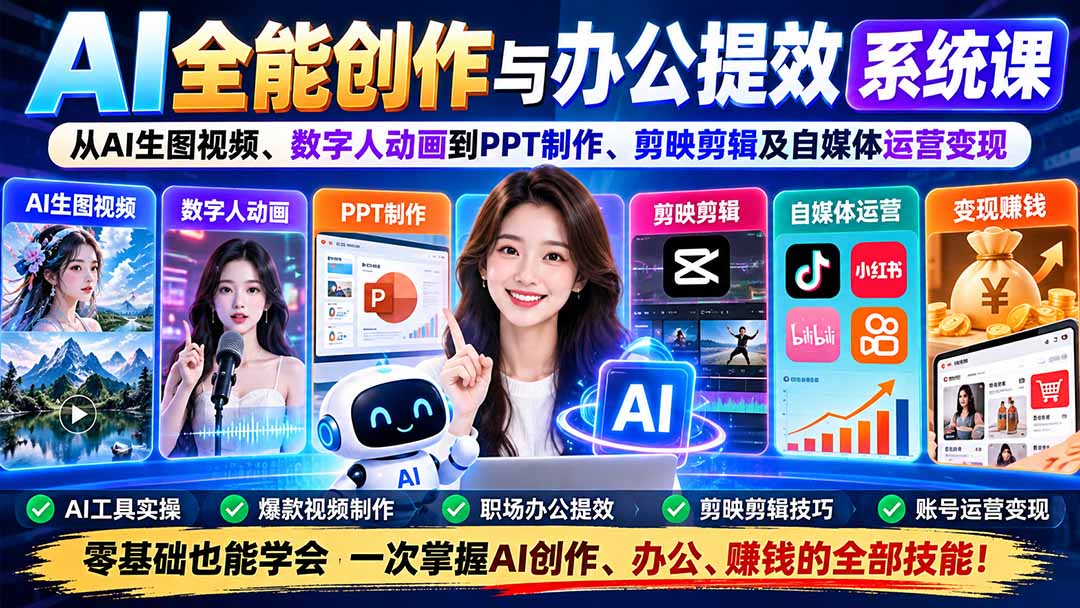 AI全能创作与办公提效系统课：从AI生图视频、数字人动画到PPT制作、剪映剪辑及自媒体运营变现-鑫梵淘