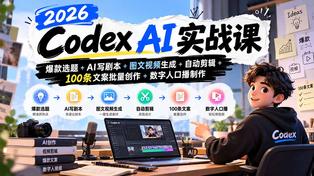 2026Codex AI实战课：爆款选题+AI写剧本+图文视频生成+自动剪辑+100条文案批量创作+数字人口播制作-鑫梵淘