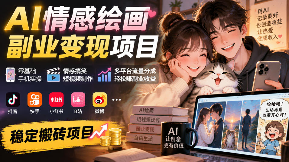 AI情感绘画副业变现项目｜零基础手机实操，情感搞笑短视频制作，多平台流量分成轻松賺副业收益-鑫梵淘