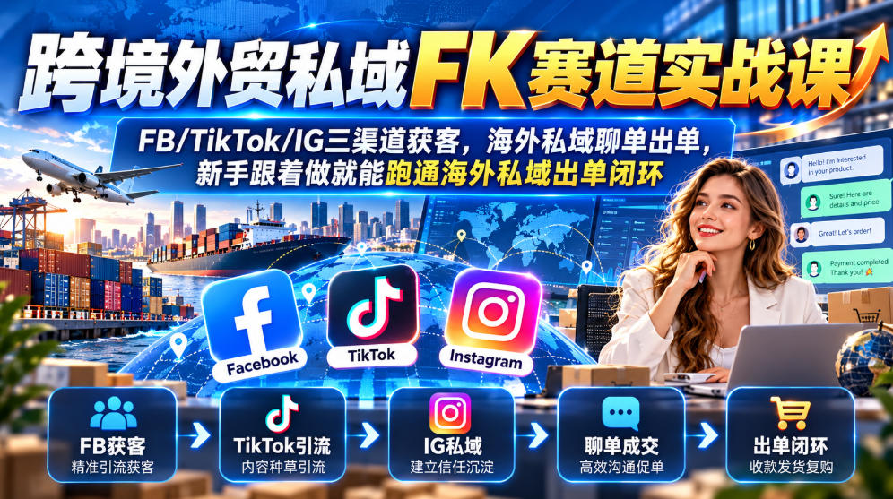 跨境外贸私域FK赛道实战课｜FB/TikTok/IG三渠道获客，海外私域聊单出单，新手跟着做就能跑通海外私域出单闭环-鑫梵淘