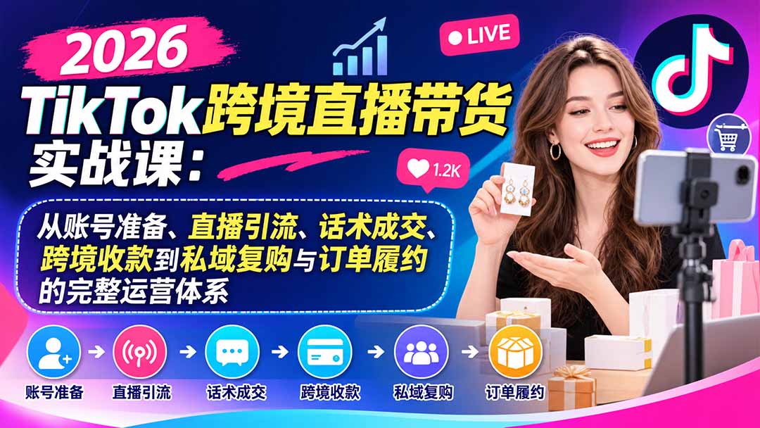 2026TikTok跨境直播带货实战课：从账号准备、直播引流、话术成交、跨境收款到私域复购与订单履约的完整运营体系-鑫梵淘