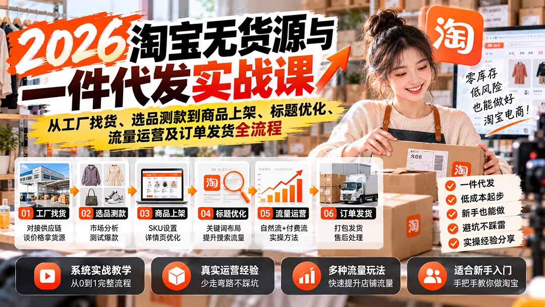 2026淘宝无货源与一件代发实战课：从工厂找货、选品测款到商品上架、标题优化、流量运营及订单发货全流程-鑫梵淘