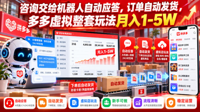 咨询交给机器人自动应答，订单自动发货，多多虚拟整套玩法月入1-5W【揭秘】-鑫梵淘