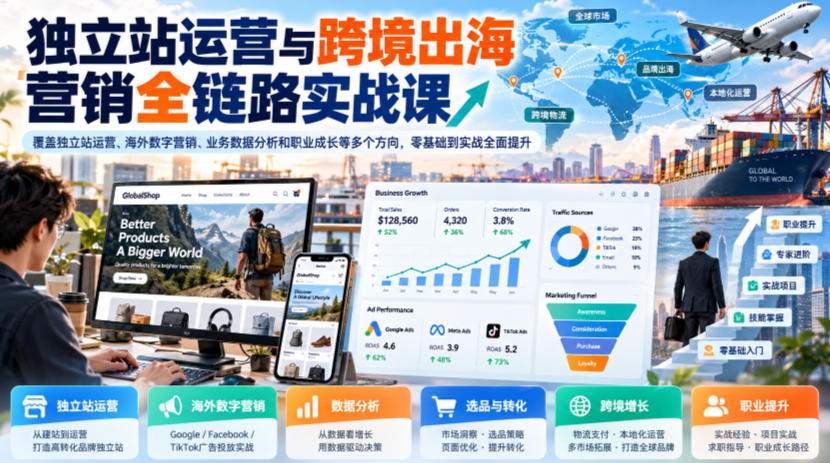 独立站运营与跨境出海营销全链路实战课，覆盖独立站运营、海外数字营销、业务数据分析和职业成长等多个方向，零基础到实战全面提升-鑫梵淘