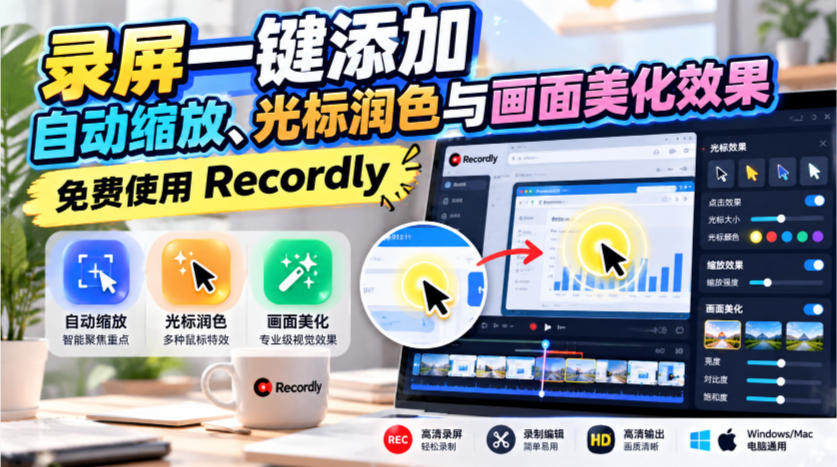 录屏一键添加自动缩放、光标润色与画面美化效果，免费使用Recordly-鑫梵淘