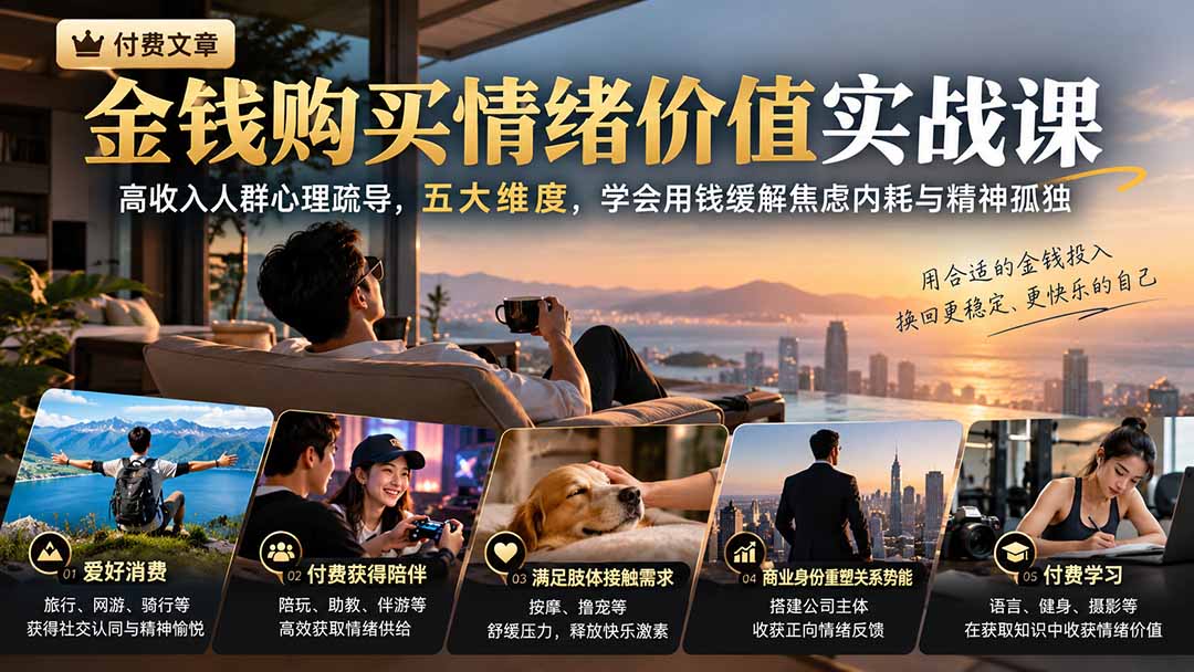 付费文章：金钱购买情绪价值实战课｜高收入人群心理疏导，五大维度，学会用钱缓解焦虑内耗与精神孤独-鑫梵淘