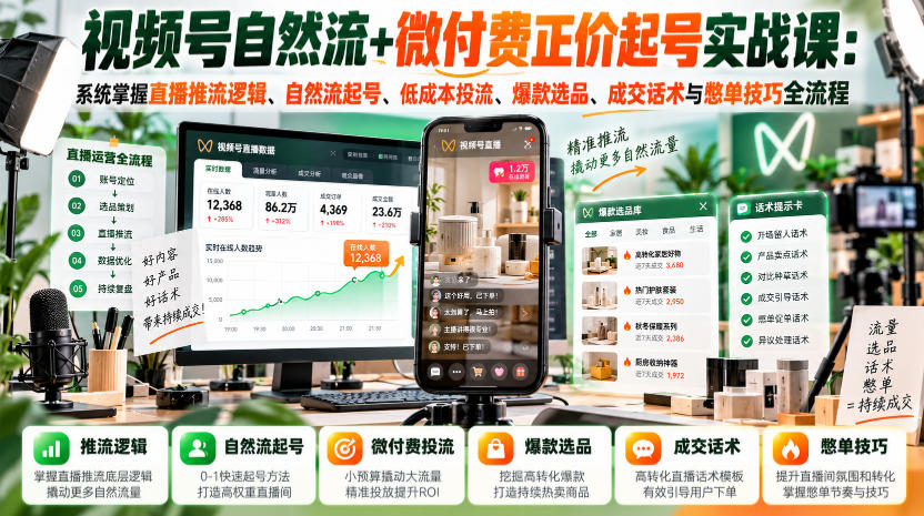 视频号自然流+微付费正价起号实战课：系统掌握直播推流逻辑、自然流起号、低成本投流、爆款选品、成交话术与憋单技巧全流程-鑫梵淘