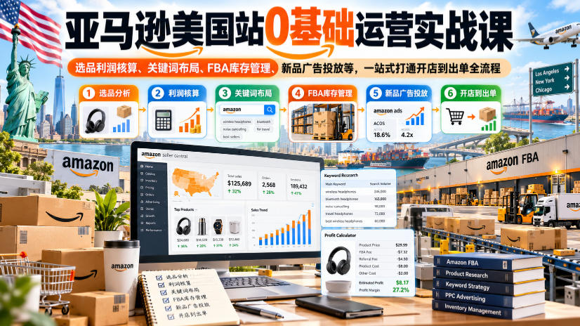亚马逊美国站0基础运营实战课｜选品利润核算、关键词布局、FBA库存管理、新品广告投放等，一站式打通开店到出单全流程-鑫梵淘