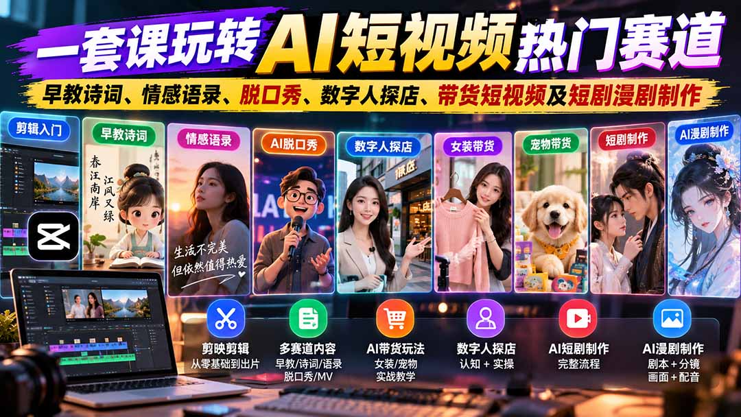 一套课玩转AI短视频热门赛道：早教诗词、情感语录、脱口秀、数字人探店、带货短视频及短剧漫剧制作  复制标题-鑫梵淘