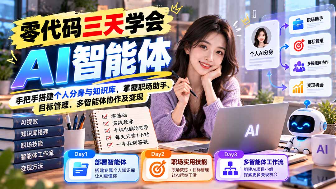 【无水印】零代码三天学会AI智能体：手把手搭建个人分身与知识库，掌握职场助手、目标管理、多智能体协作及变现-鑫梵淘
