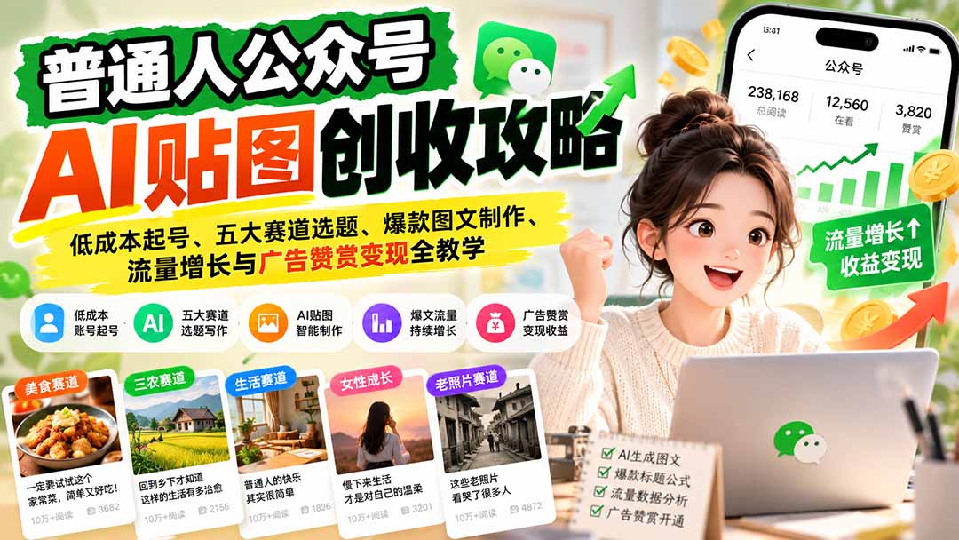 普通人公众号AI贴图创收攻略：低成本起号、五大赛道选题、爆款图文制作、流量增长与广告赞赏变现全教学-鑫梵淘
