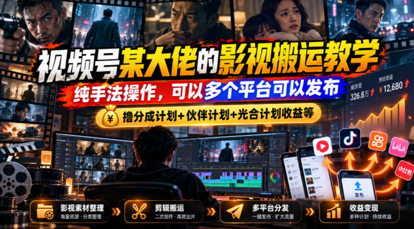 视频号某大佬的影视搬运教学，纯手法操作，可以多个平台可以发布，撸分成计划+伙伴计划+光合计划收益等-鑫梵淘