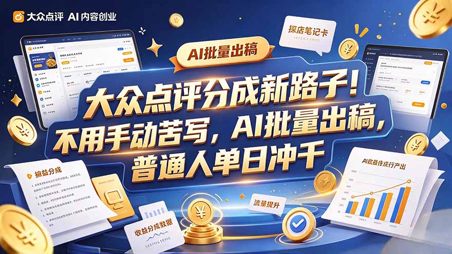 大众点评副业新玩法，工具提效解放双手，批量做笔记，单日可破千-鑫梵淘