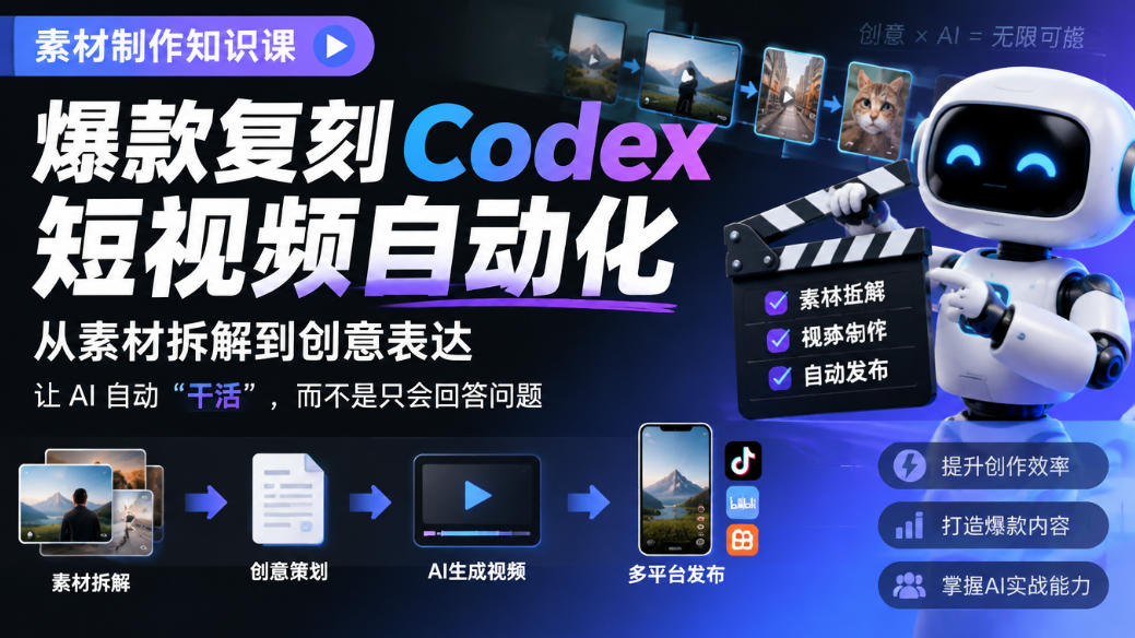 素材制作知识课，爆款复刻Codex短视频自动化，从素材拆解到创意表达，让AI自动“干活”，而不是只会回答问题-鑫梵淘