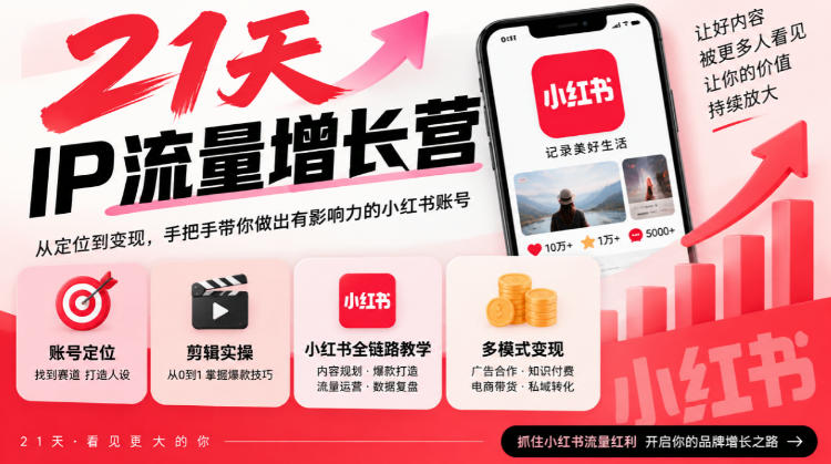 21天IP流量增长营，小红书全链路教学，账号定位剪辑实操，多模式变现系统课-鑫梵淘