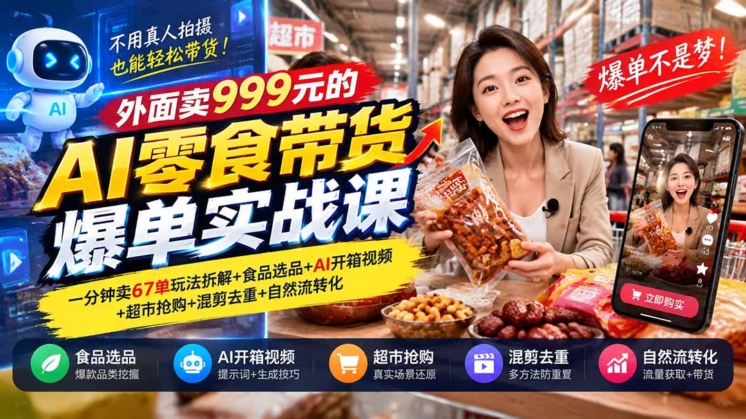 外面卖999元的AI零食带货爆单实战课｜一分钟卖67单玩法拆解+食品选品+AI开箱视频+超市抢购+混剪去重+自然流转化-鑫梵淘