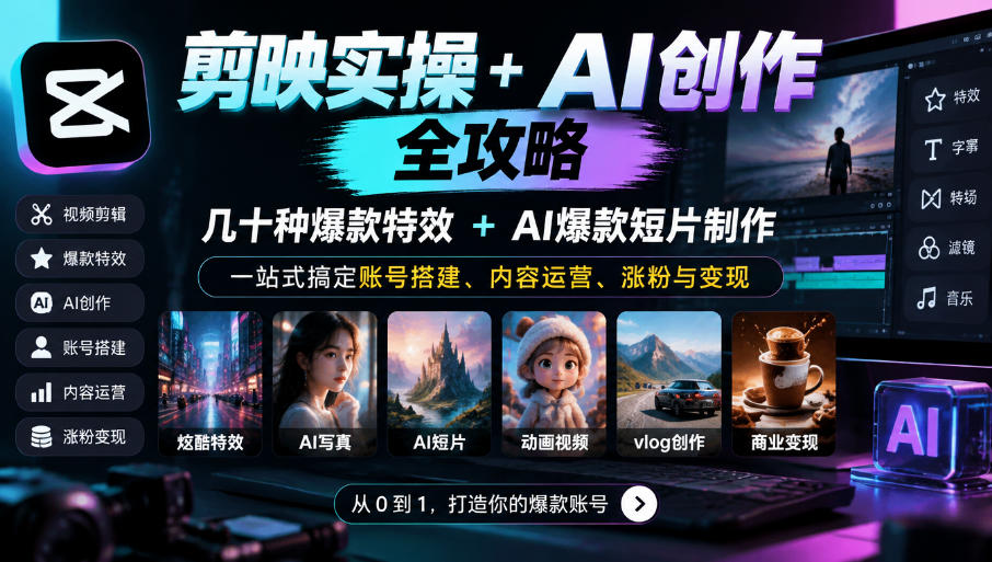剪映实操+AI创作全攻略｜几十种爆款特效+AI爆款短片制作，一站式搞定账号搭建、内容运营、涨粉与变现-鑫梵淘