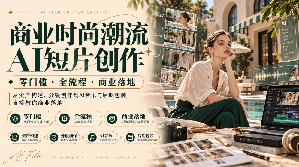 商业时尚潮流AI短片创作｜零门槛・全流程・商业落地，从资产构建、分镜创作到AI音乐与后期包装，直接教你商业落地！-鑫梵淘