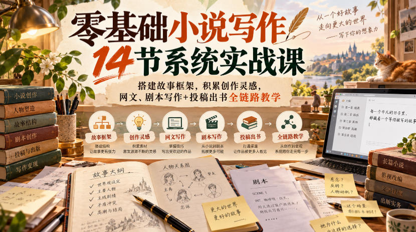 零基础小说写作14节系统实战课，搭建故事框架，积累创作灵感，网文、剧本写作+投稿出书全链路教学-鑫梵淘