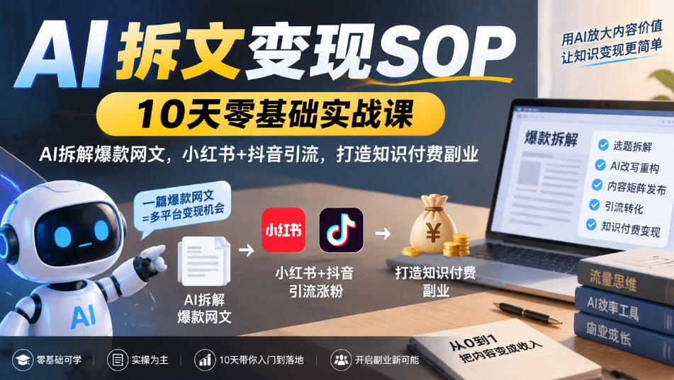 AI拆文变现SOP｜10天零基础实战课，AI拆解爆款网文，小红书+抖音引流，打造知识付费副业-鑫梵淘