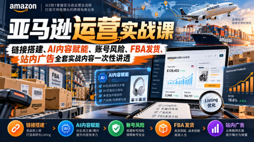 亚马逊运营实战课，链接搭建、AI内容赋能、账号风险、FBA发货、站内广告全套实战内容一次性讲透-鑫梵淘