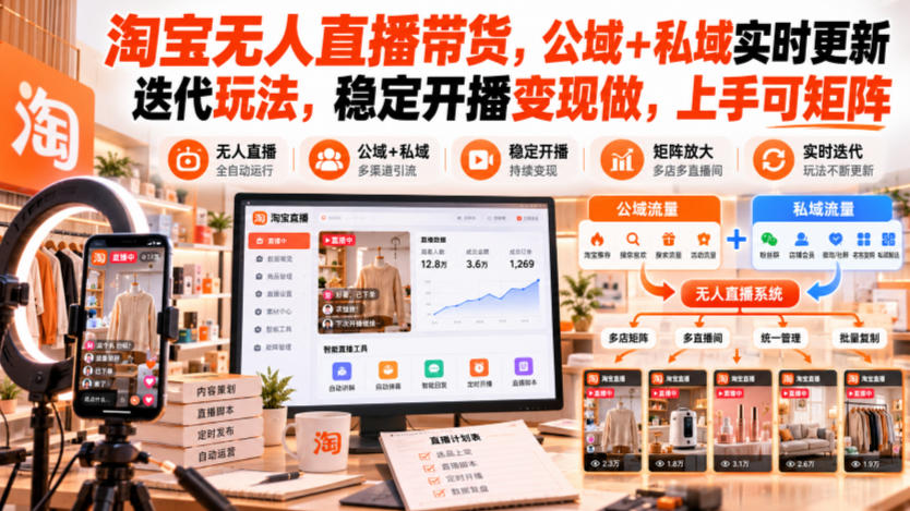 淘宝无人直播带货，公域+私域实时更新迭代玩法，稳定开播变现做，上手可矩阵【揭秘】-鑫梵淘