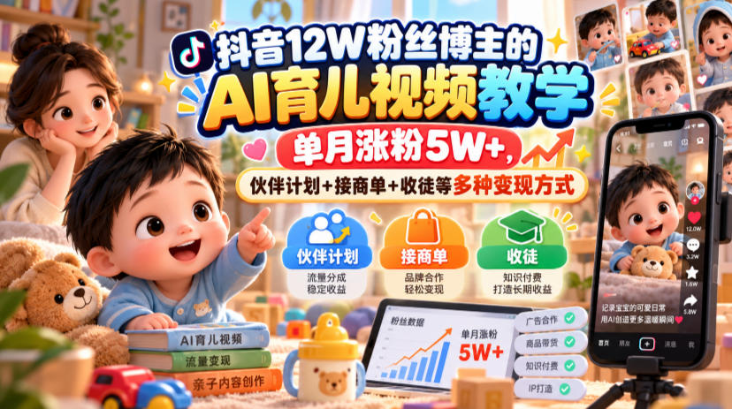 抖音12W粉丝博主的AI育儿视频教学，单月涨粉5W+，伙伴计划+接商单+收徒等多种变现方式-鑫梵淘