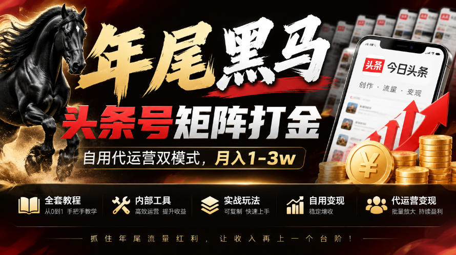 【年尾黑马】头条号矩阵打金，自用代运营双模式，月入1-3w，附全套教程及内部工具【揭秘】-鑫梵淘