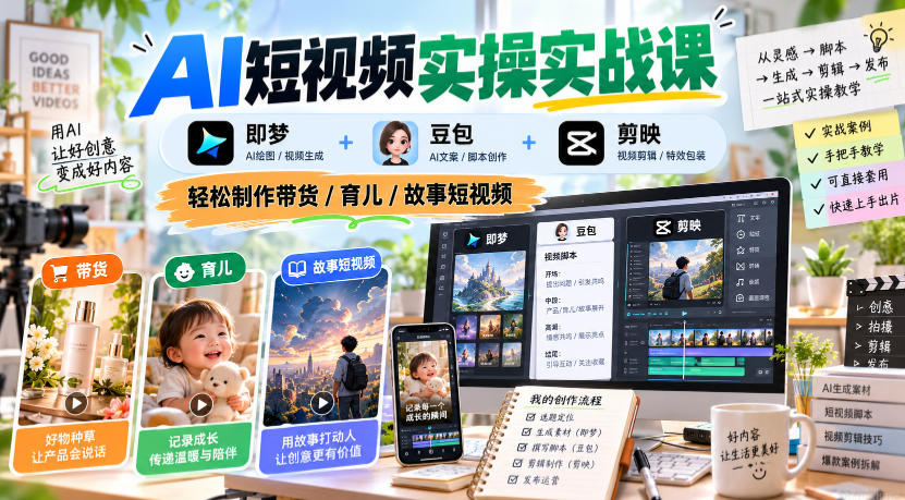 AI短视频实操实战课，即梦+豆包+剪映，轻松制作带货/育儿/故事短视频-鑫梵淘