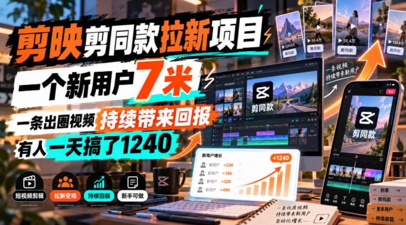 剪映剪同款拉新项目，一个新用户7米，一条出圈视频持续带来回报，有人一天搞了1240-鑫梵淘